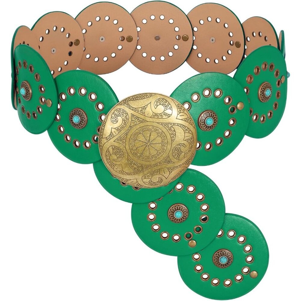 Woman's Western PU Leather Belts Concho Disc Wide Waist Belt Green Bronze Buckle